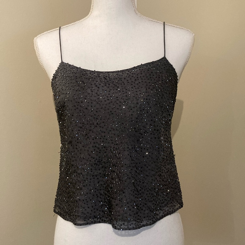 VNTG Ann Taylor Seed Bead Sparkly Crop Tank Top Graphite Gray Spaghetti Strap 6P